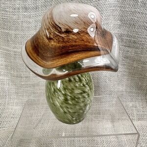 Hand Blown Art Glass Mushroom Figurine Brown Amber Cap Green Speckled Stem 6"